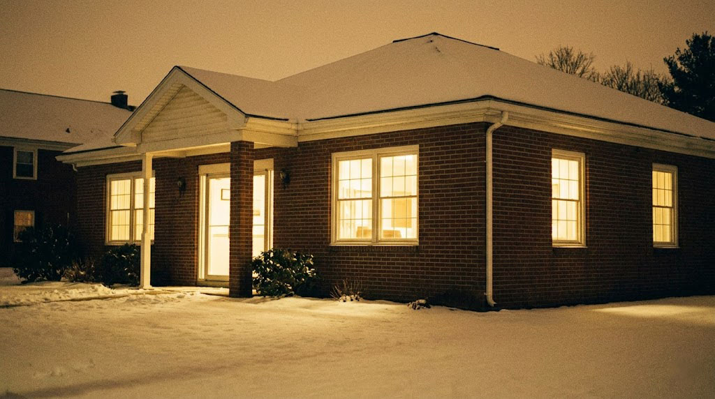 Modest New England medical practice exterior on a winter evening, evoking the private practice where Glenwood began.