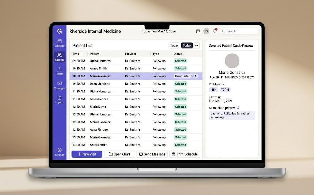 GlaceEMR clinical summary view with today's schedule, patient list, and quick-preview panel.