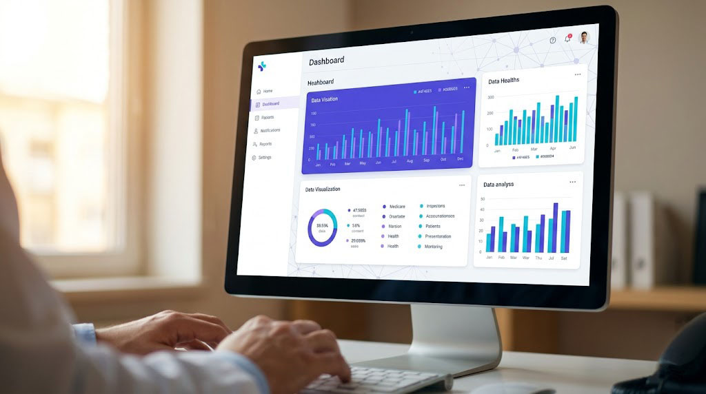 Healthcare dashboard with subtle AI-powered interface elements in violet and cyan.