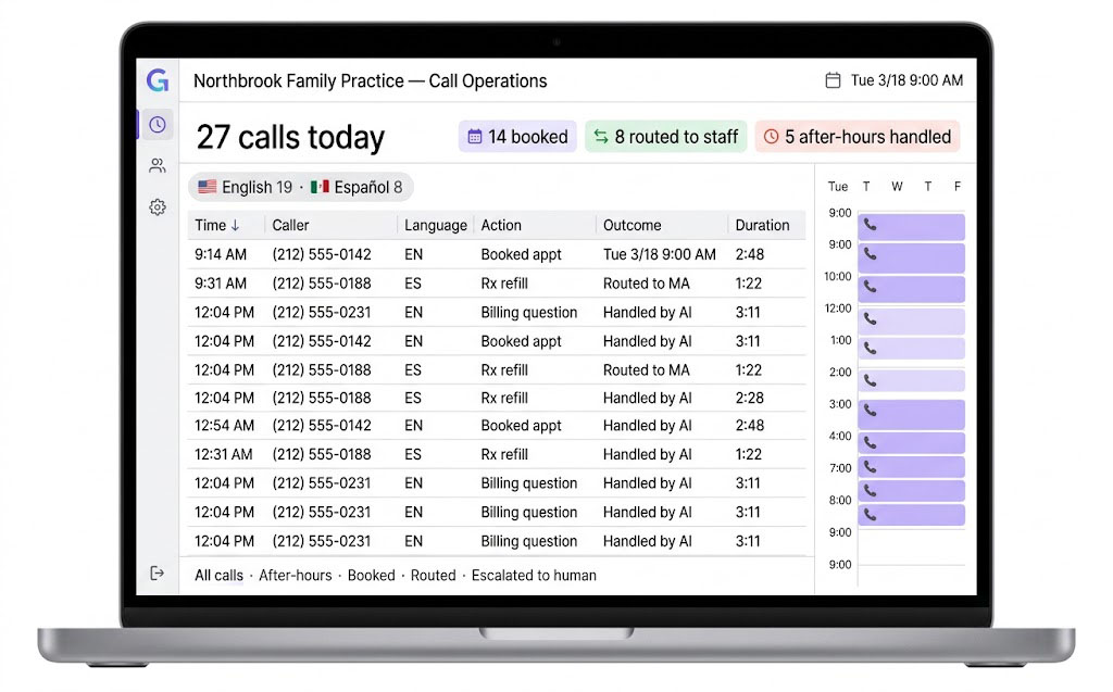 GlacePhoneSmart call operations console: calls handled today and a live call log with outcomes.